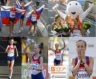 Olga Kaniskina 20 km yürüyüş şampiyonu Anisia Kirdiapkina ve Vera Sokolova (2 ve 3) Avrupa Atletizm Şampiyonası&#039;nda Barcelona 2010